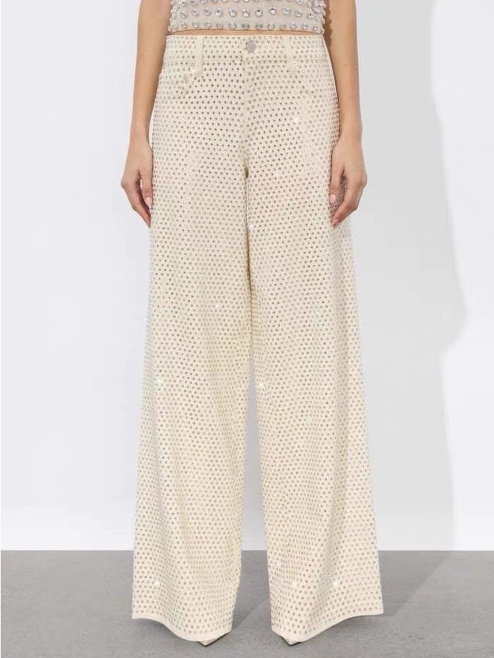 Alice + Olivia Amazing Ivory Crystal Embellished Wide Leg Pants NWOT